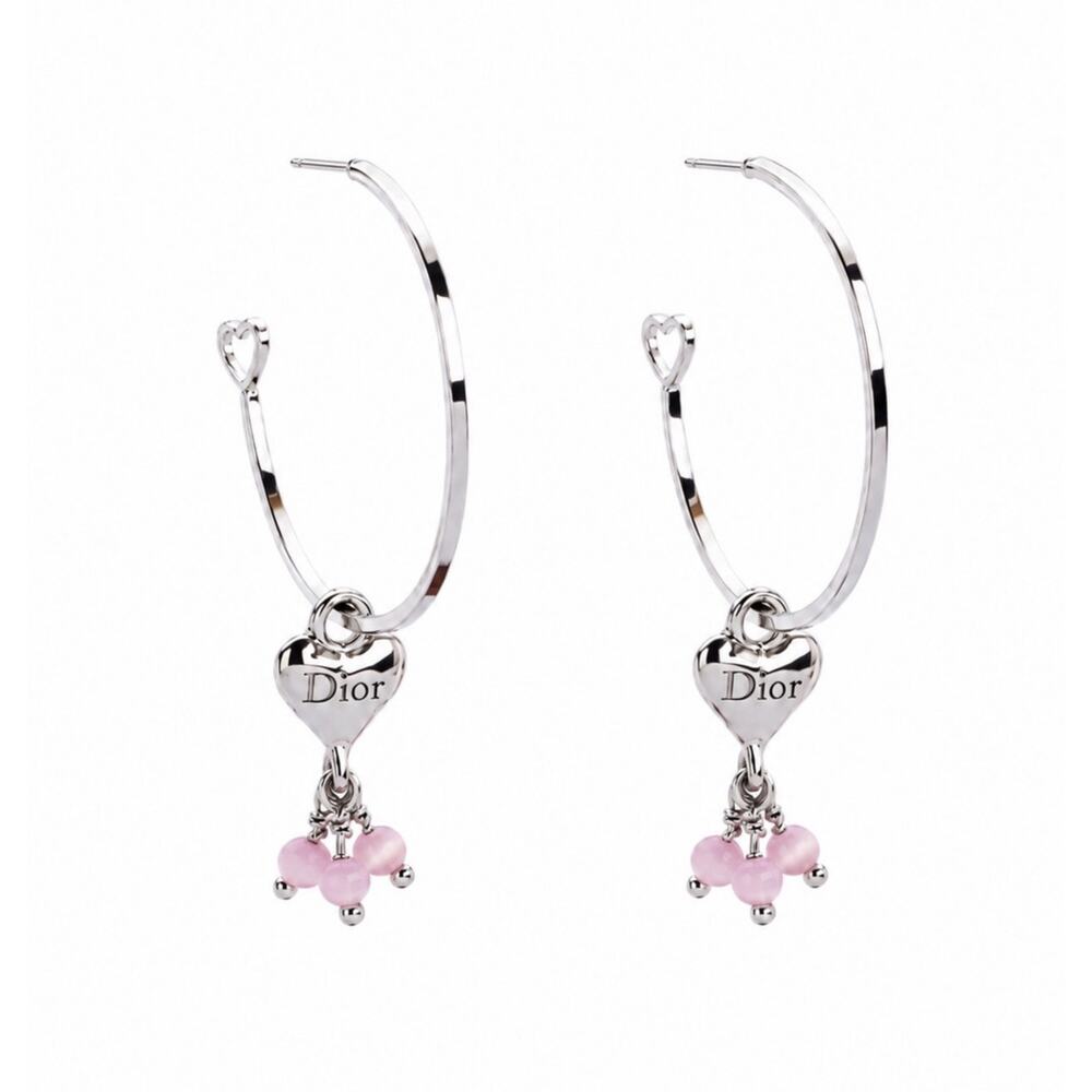 Vintage Christian Dior Silver Heart Hoop Dangling Logo Beaded Charm Earrings